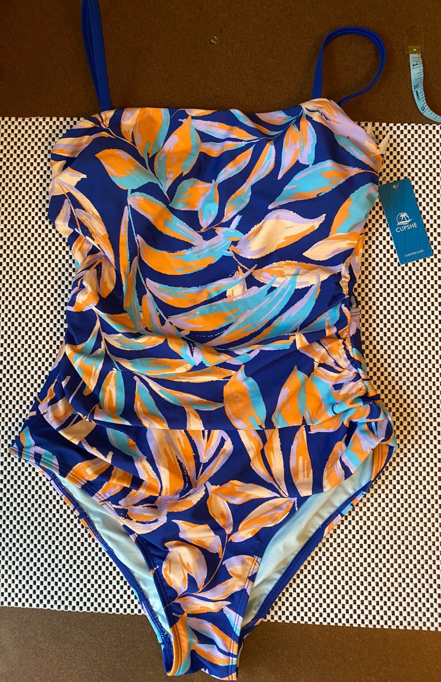 NWT Cupshe Blue Tropical Square Neck One Piece Swimsuit Tummy Control Ruched M